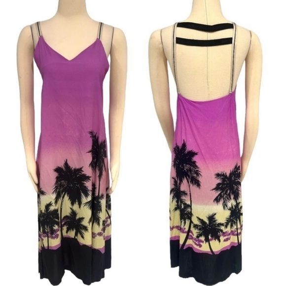 Palm Angels Pink Sunset Satin Slip On Palm Print Midi Slit Logo Dress Size 4 NEW - Picture 13 of 14